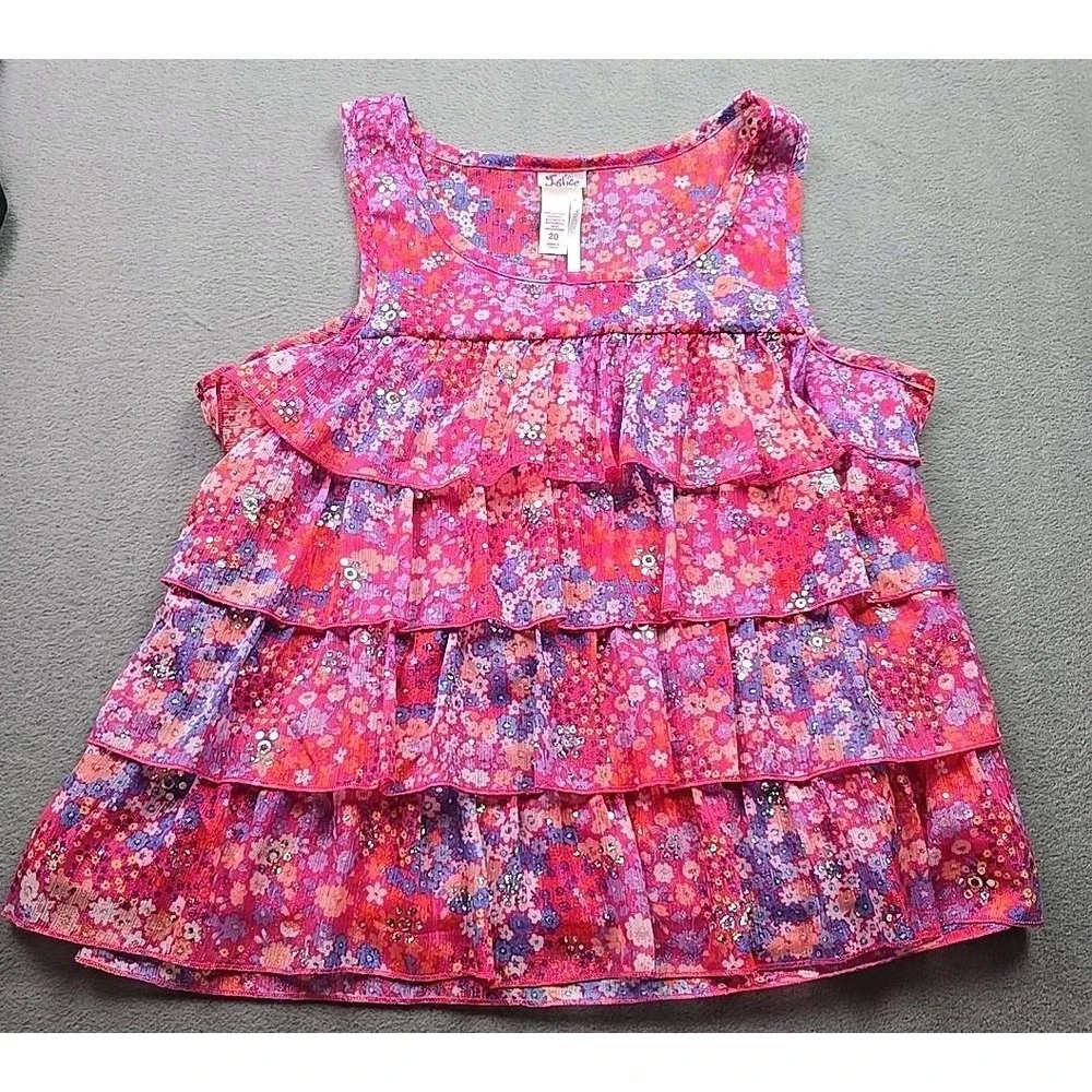 Girls Justice Layered‎ Top Size 20 Pink Purple Blue Floral Sparkle Tiered Tank
